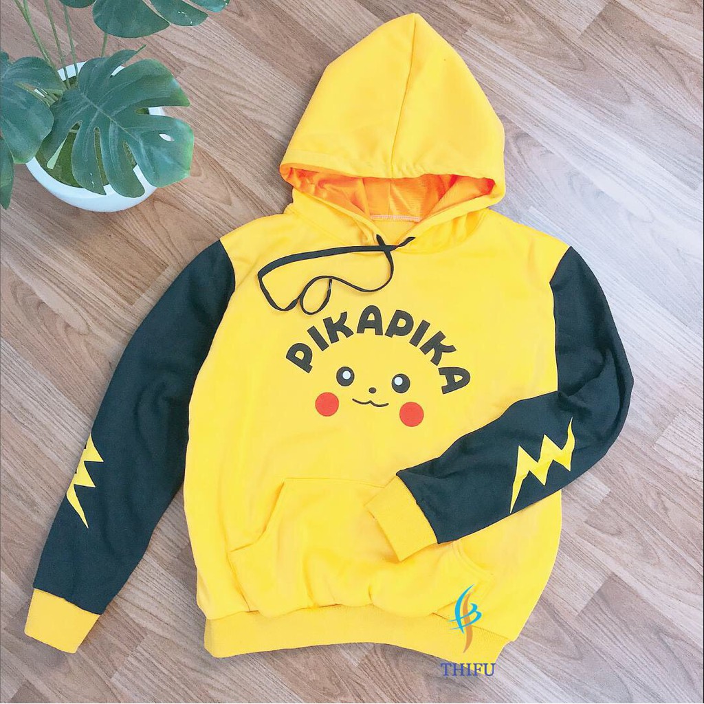 &lt; FREESHIP &gt; Áo hoodie vải nỉ, sweat hàn nam nữ vải dày dặn NÓN HAI LỚP (PIKACHU PHỐI VÀNG ĐEN)