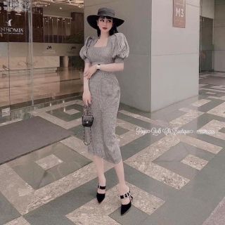 Đầm caro tay phồng ôm body xiu xinh free size dưới 55kg