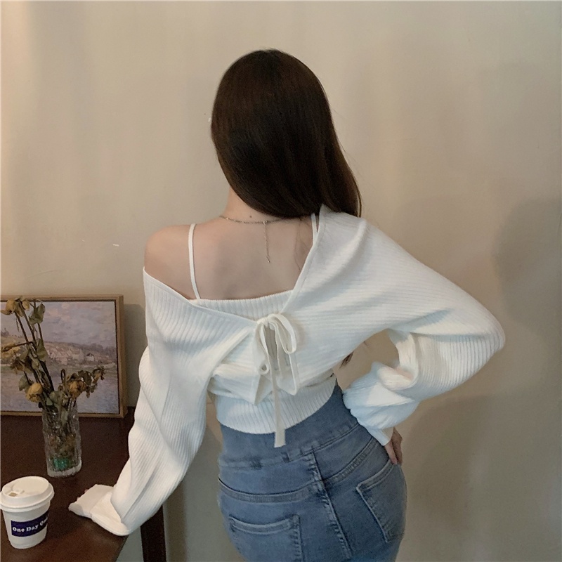 Áo Dệt Kim Tay Dài Trễ Vai Phong Cách Hàn Quốc Xinh Xắn