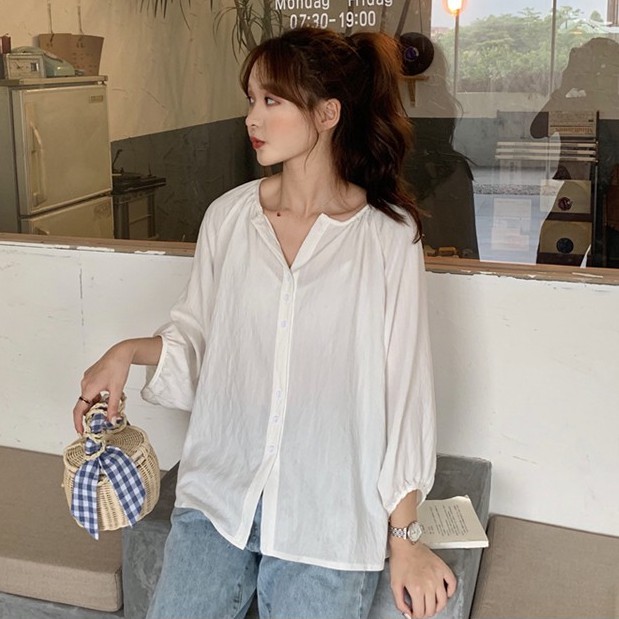 Áo sơ mi nữ tay dài màu trơn phong cách retro | BigBuy360 - bigbuy360.vn