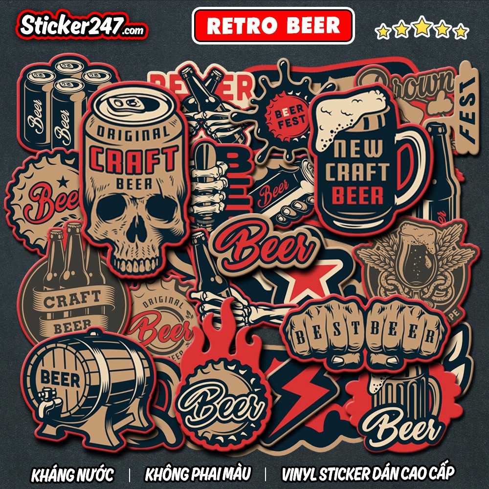 Sticker Retro Beer 🌈𝑭𝒓𝒆𝒆𝒔𝒉𝒊𝒑 độc đẹp, chống nước sticker dán laptop, điện thoại, đàn guitar, dán mũ bảo hiểm, vali...