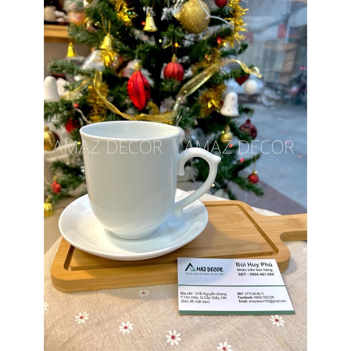 Tách ly cốc gốm sứ uống nước cà phê trà có quai ngọn lửa Bát Tràng cao  trắng trơn 400ml C6029 thanh lịch chlượng