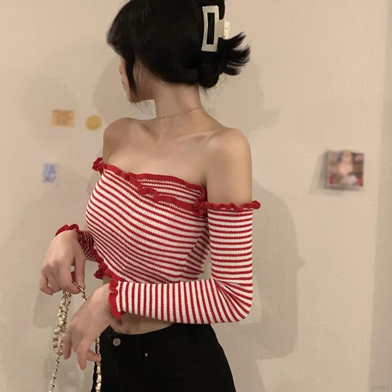 Áo thun dài tay dệt kim hở bụng khoét vai Hàn Quốc gợi cảm cho nữ