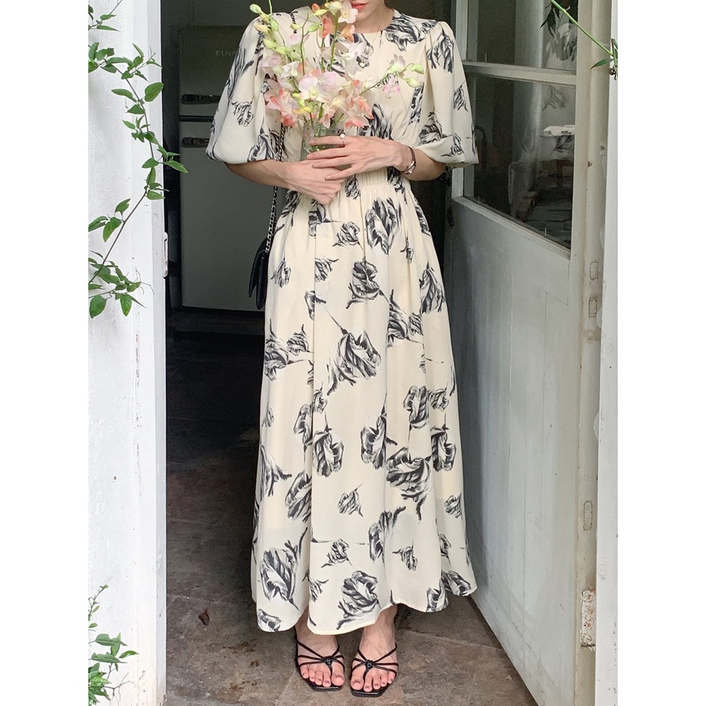 (55KG.LINH - HÀNG SẴN) Váy (Đầm) cổ tròn nhún eo- Váy (Đầm) tay phồng che khuyết điểm