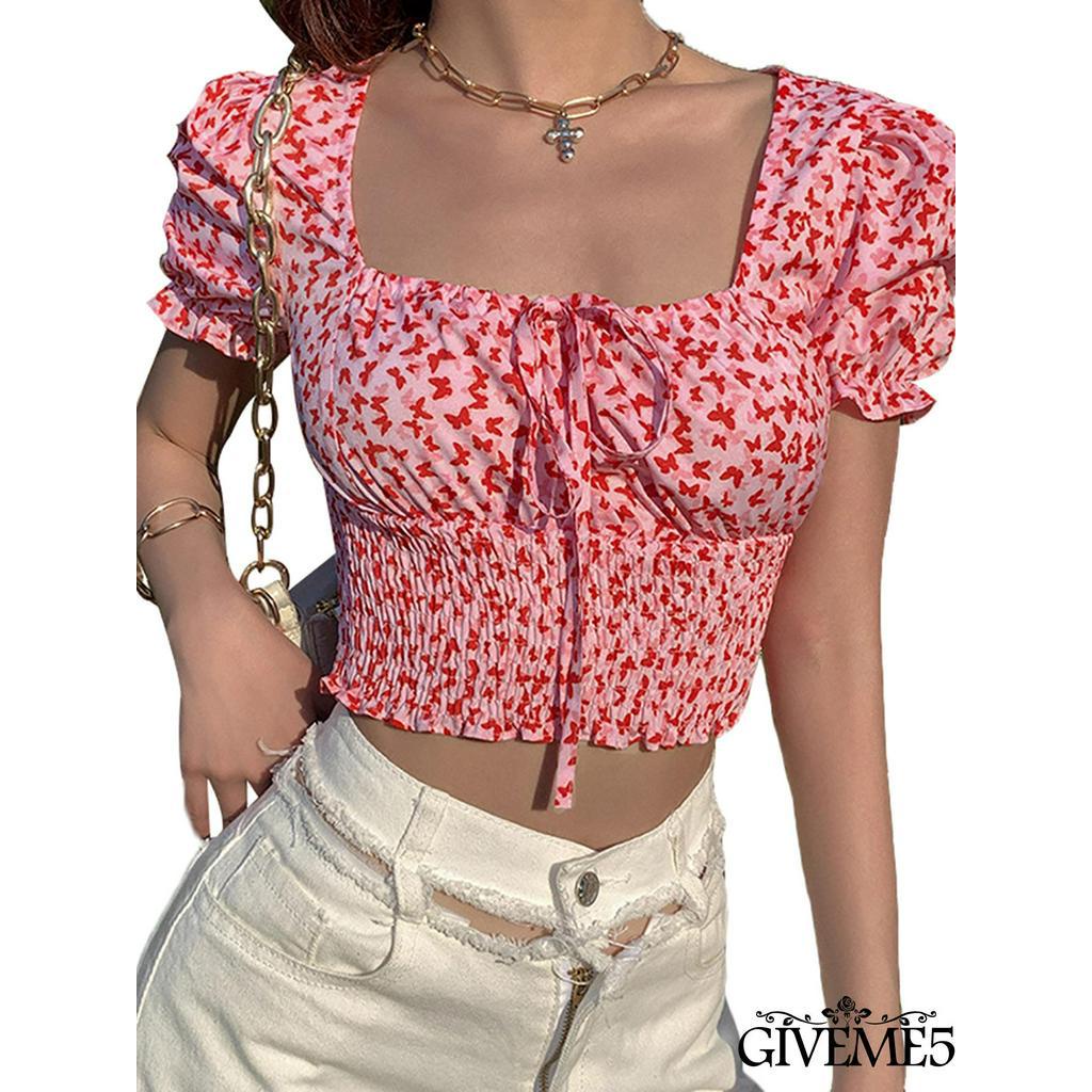 Áo lửng kiểu tay phồng cổ vuông thời trang xinh xắn dễ thương dành cho nữ