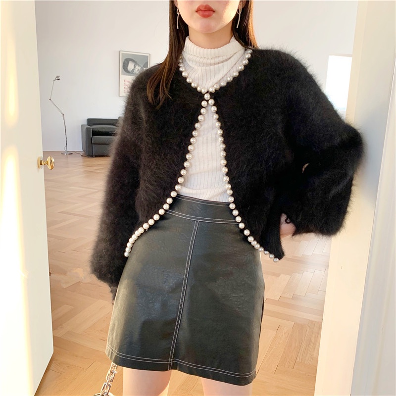 SẴN - KHOÁC LEN LÔNG CAO CẤP | Áo Khoác Cardigan Len Lông Cổ Tròn Đính Ngọc Tay Bồng  Dáng Ngắn Tiểu Thư Sang Chảnh