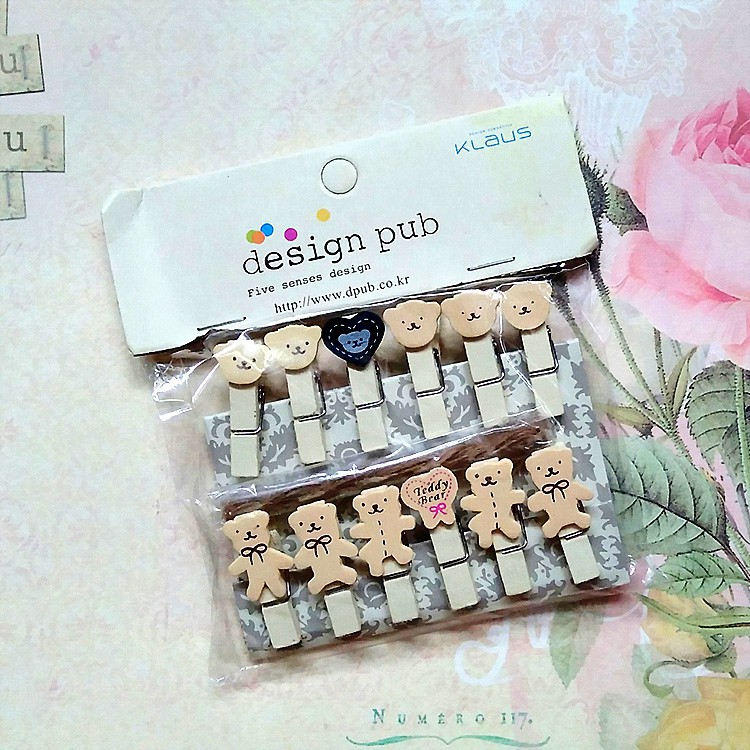 SET 12 Cái Kẹp Gỗ Sơn Design Pub hình Gấu (Tặng 1,5m dây cói)