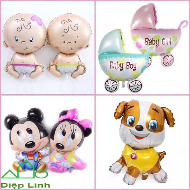 Bóng lẻ tráng nhôm hình chó con, em bé , xe nôi , mickey size to đại