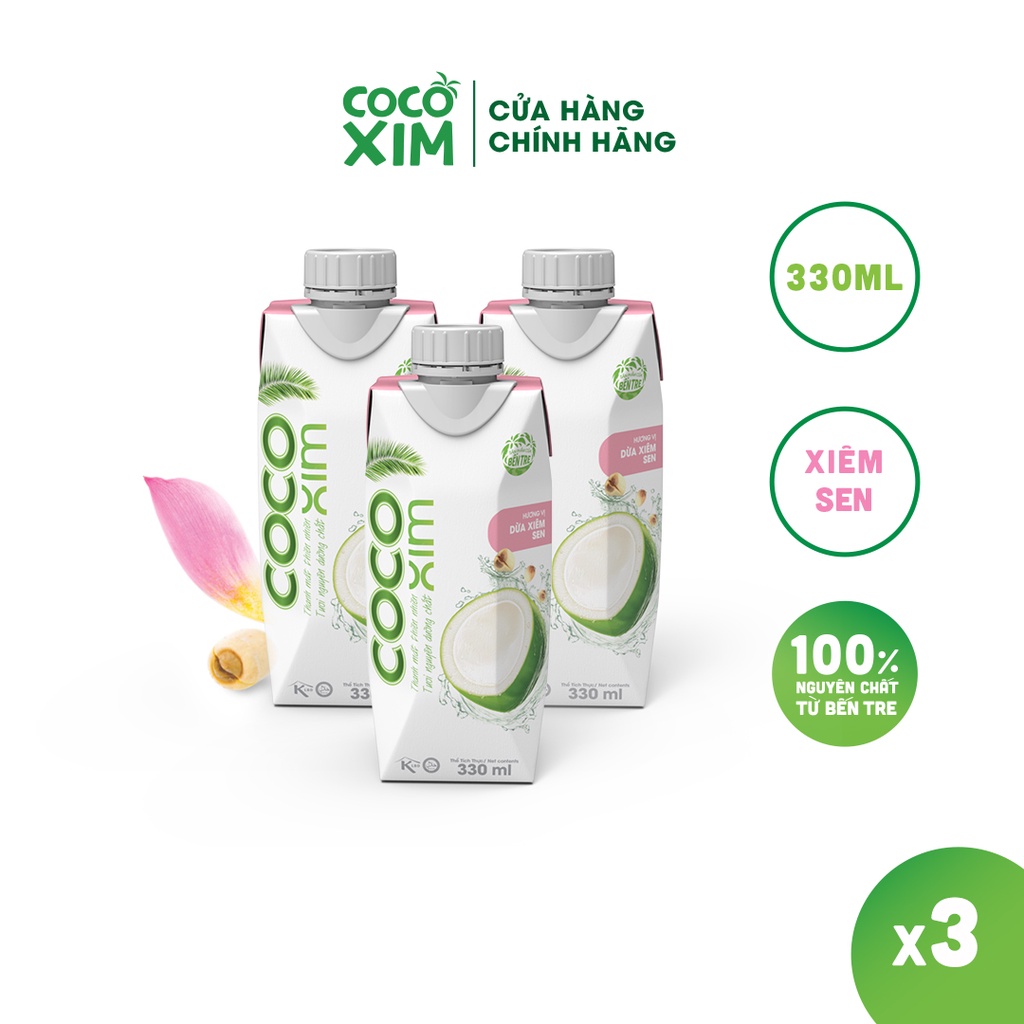 Combo 3 Hộp Nước dừa đóng hộp Cocoxim Sen dung tích 330ml/Hộp
