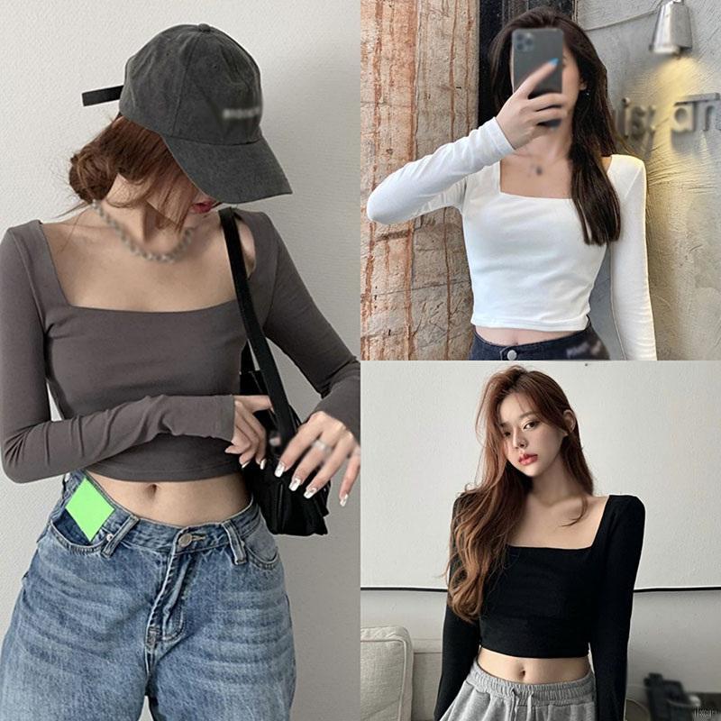 Áo Thun Dài Tay Cổ Vuông Thiết Kế Đơn Giản Hợp Thời Trang Theo Phong Cách Hàn Quốc