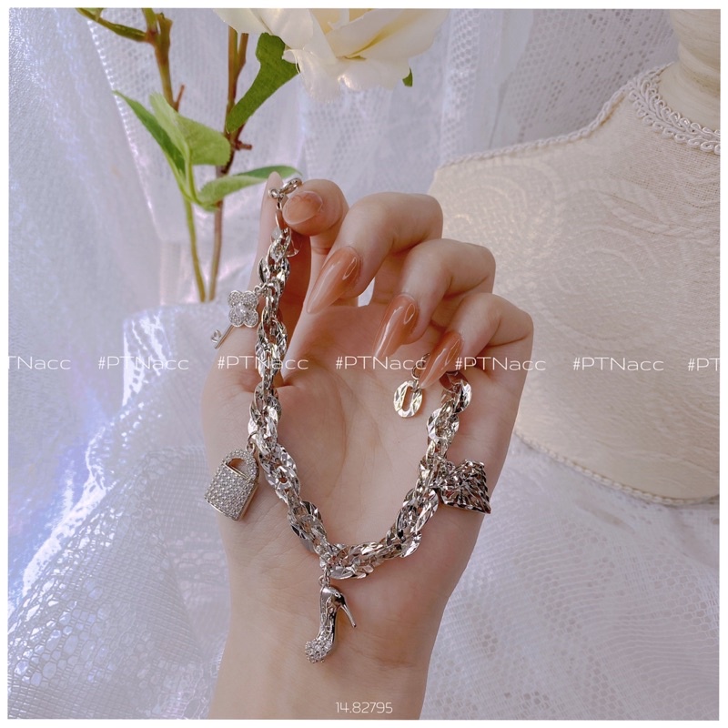 Lắc tay xoắn lá 4D phối charm đính đá cao cấp .PTNACC.