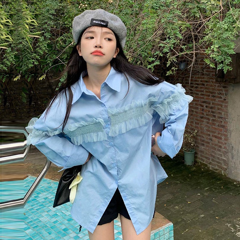 Áo Kiểu Hồng Kông Tay Dài Phối Bèo Thiết Kế Dễ Phối Đồ