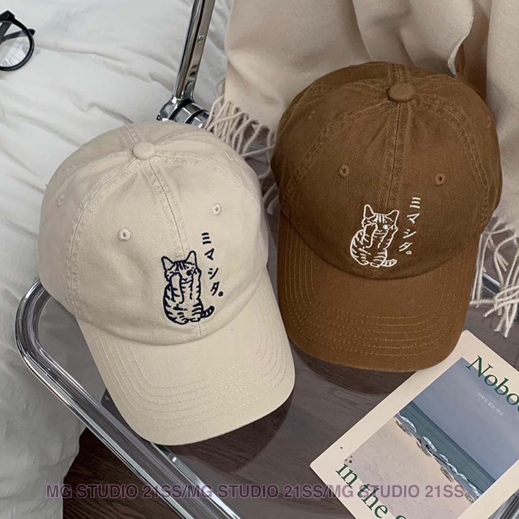 Mũ lưỡi trai MG STUDIO thêu chữ và hình mèo 6 màu tùy chọn