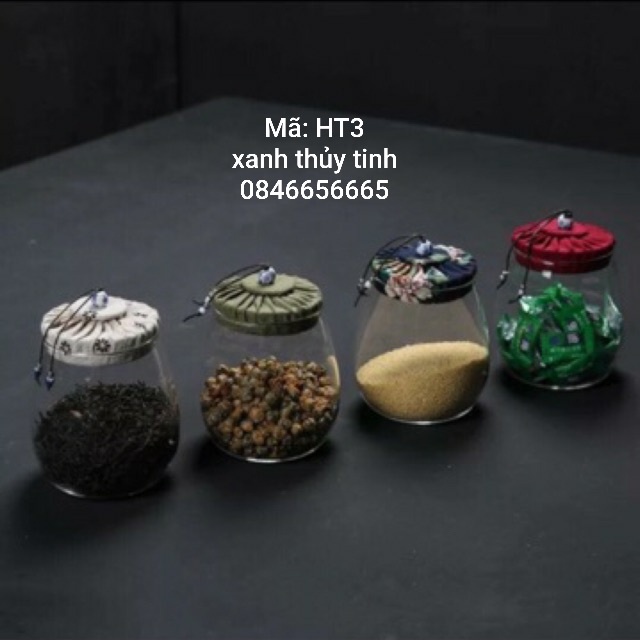 Hũ thủy tinh đựng trà hoa, bánh kẹo, đồ khô nắp vải (không chọn màu nắp)600g - HT3