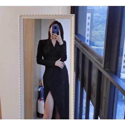 Đầm xẻ tà cổ v thắt eo dài tay cotton sexy phong cách Hàn Quốc