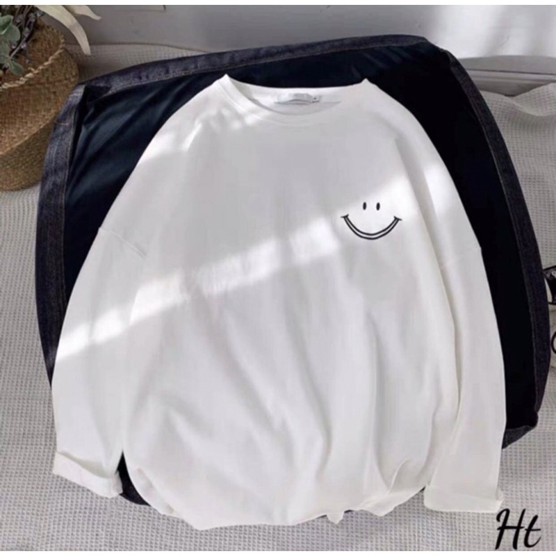 Áo Thun Dài Tay Cổ Tròn Họa Tiết Hình Mặt Cười Phong Cách Trẻ Trung Thời Trang Minishop Unisex Nam Nữ