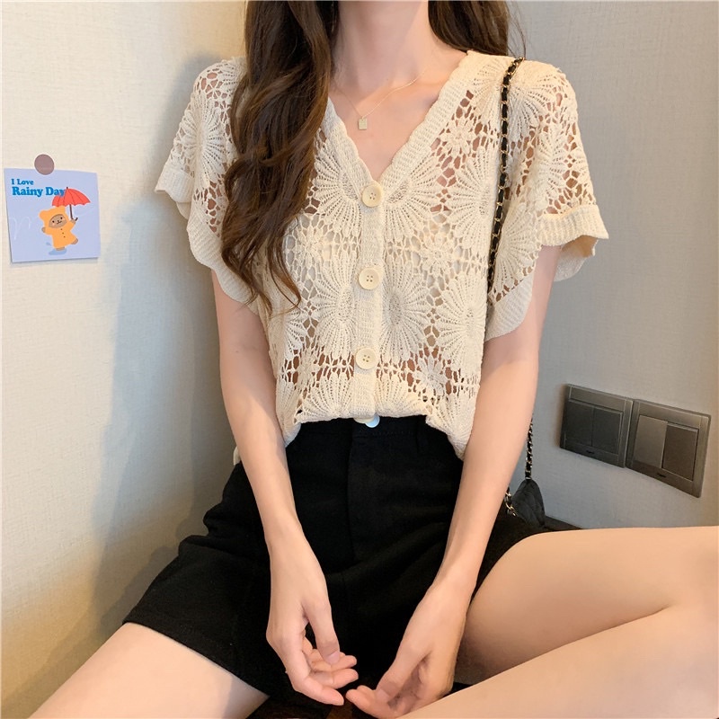 Áo Khoác Len Ren Đan Hoa Ngắn Tay