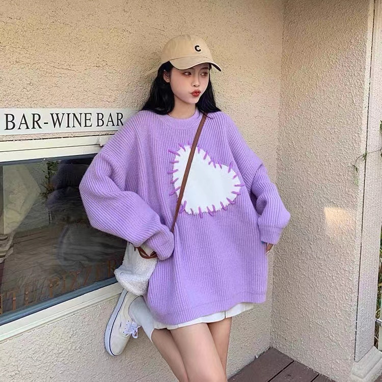 Áo sweater Dáng Rộng Mềm Mại In Hình Trái Tim Kiểu Vintage Thời Trang Thu Đông Cho Nữ