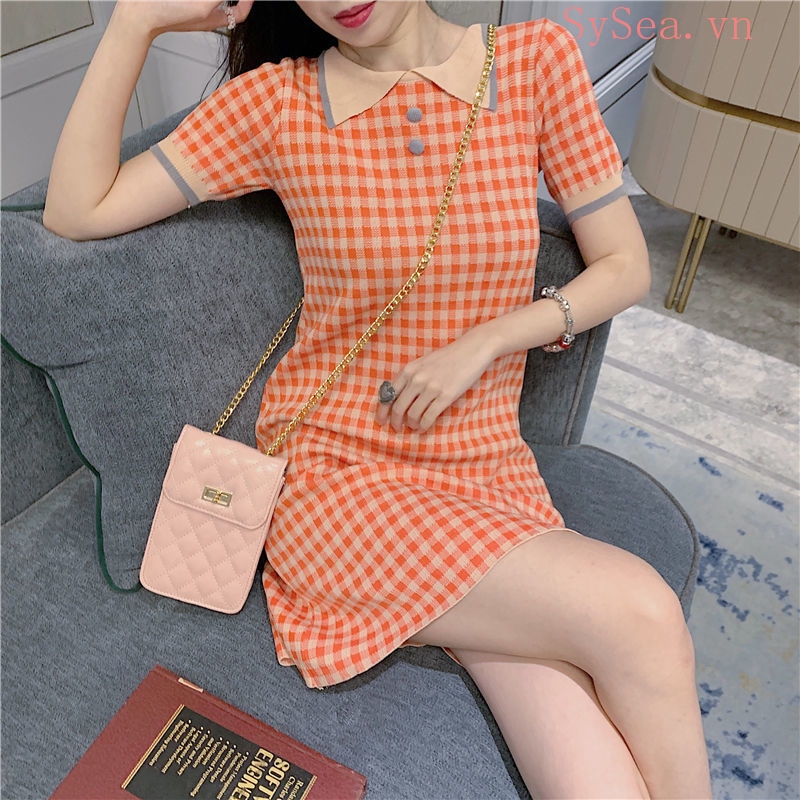 Đầm Dệt Kim Nữ Tay Ngắn Màu Cam Phong Cách Hàn Quốc