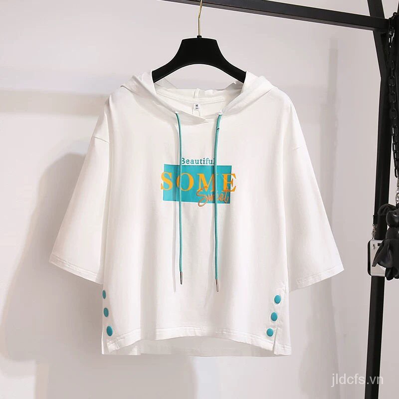 Áo hoodie tay lửng dáng rộng phong cách Hàn Quốc dễ phối đồ thời trang xuân hè cho nữ