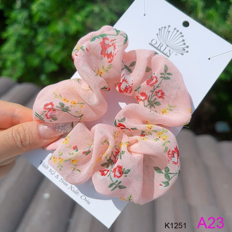 Dây buộc tóc vải voan scrunchies in hoa sang trọng Orin K1251