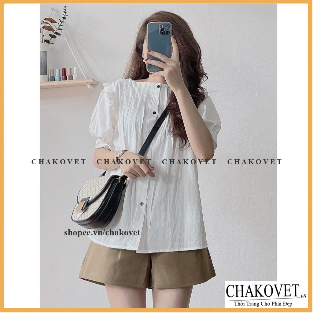 Áo babydoll xếp li ngực điệu đà phong cách Hàn Quốc cka818, kiểu áo sơ mi nữ trắng phối hàng cúc phía sau đẹp cá tính | BigBuy360 - bigbuy360.vn