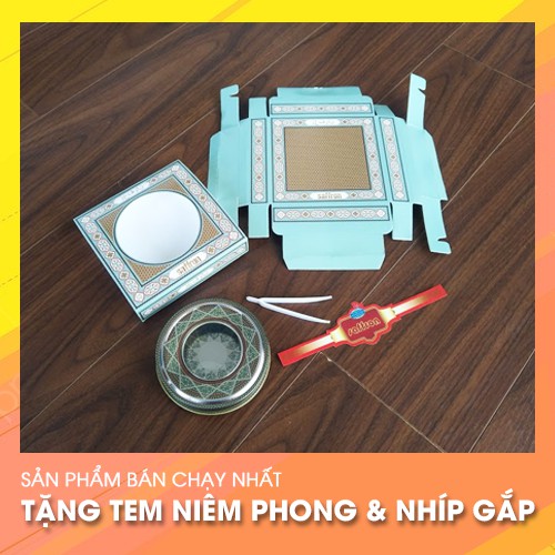 Trọn bộ hộp thiếc và giấy xanh ngọc đựng saffron tặng tem và nhíp 3-10gr