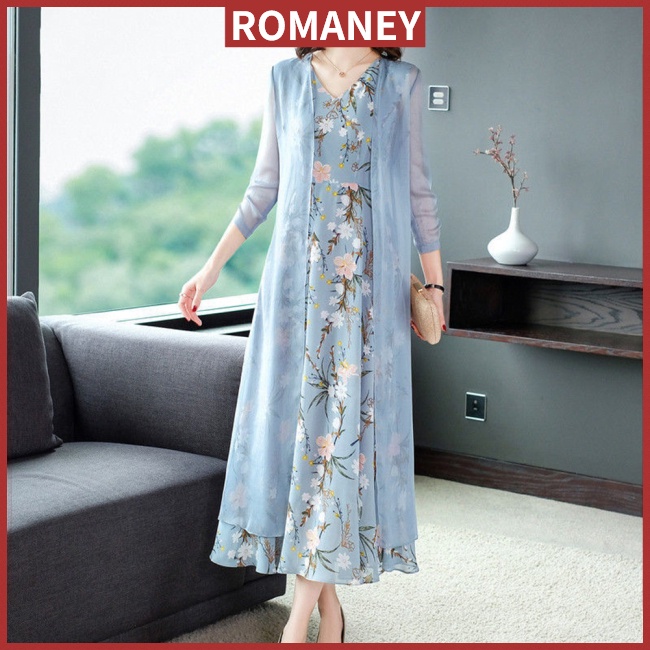 Bộ Đầm Voan 2 Món Sát Nách In Họa Tiết Ngọt Ngào + Áo Khoác Dáng Dài Thời Trang Cho Nữ