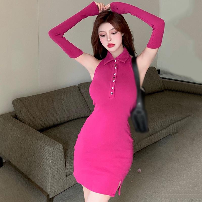 Đầm Ôm Xẻ Tà Màu Sắc Trơn Phong Cách Hàn Quốc Cho Nữ