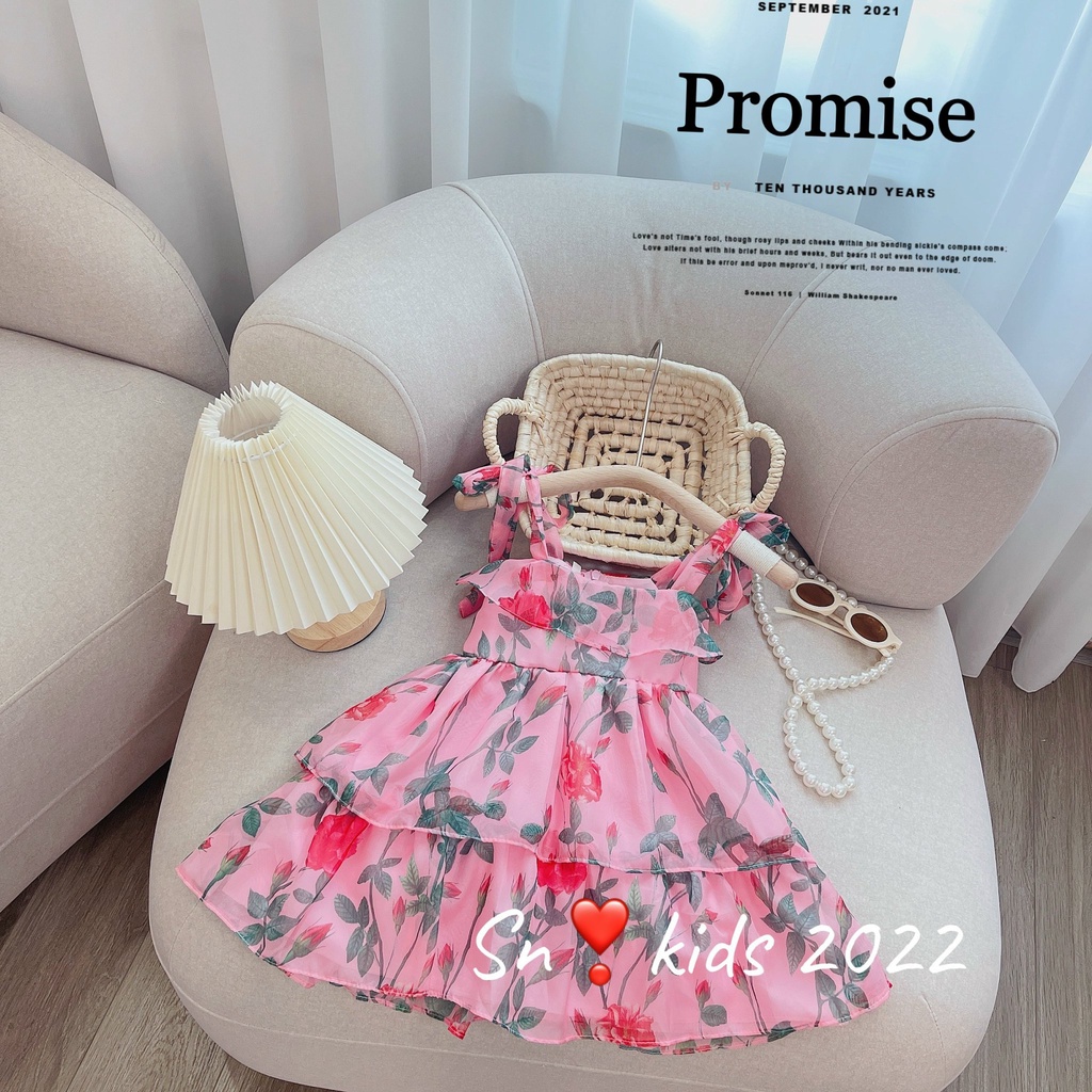 Váy công chúa bé gái, váy tơ hoa 2 dây buộc vai bèo tầng cho bé mẫu AHH2