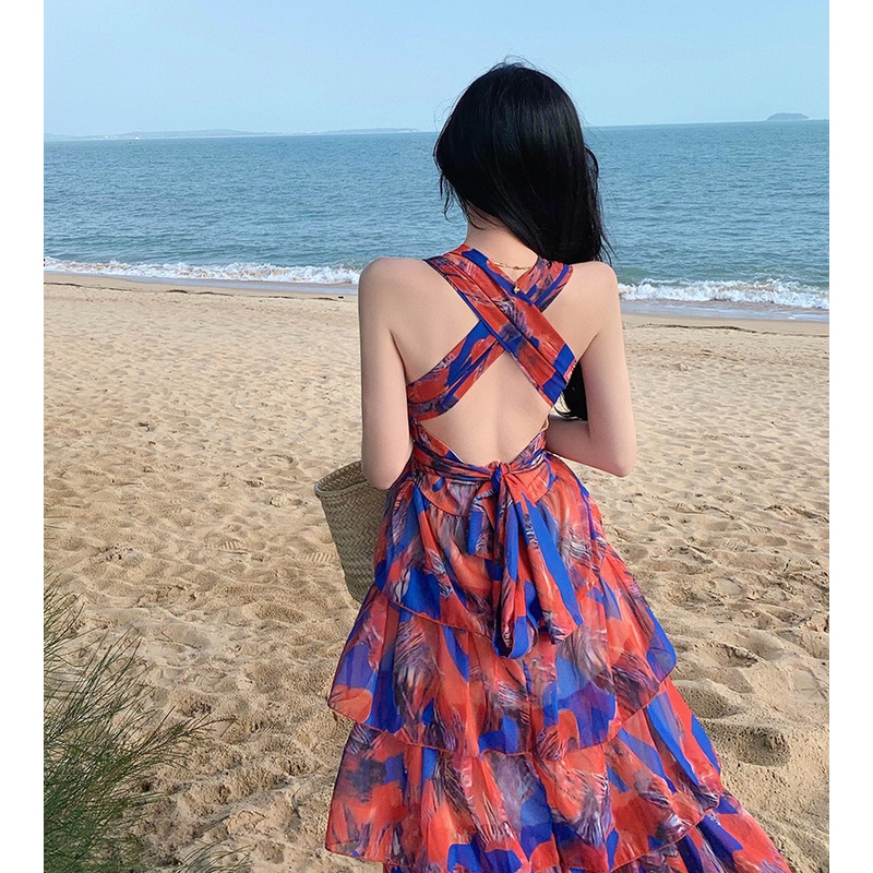 ❤️ Đầm nữ vải voan loang, cổ yếm, thắt chéo dây lưng sau, phong cách Pháp cực sang chảnh - V17