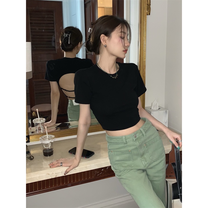 QKOOLE Áo thun lửng  tay ngắn hở lưng quyến rũ phong cách Hàn Quốc cho nữ