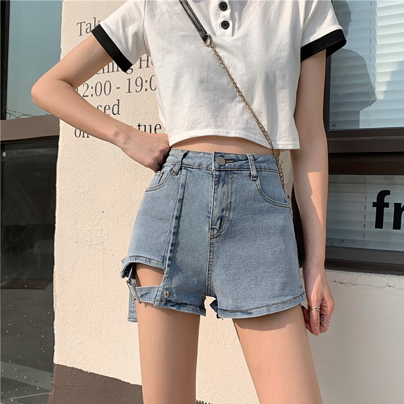 LEEVA - Quần short jeans nữ lưng cao cách điệu S022