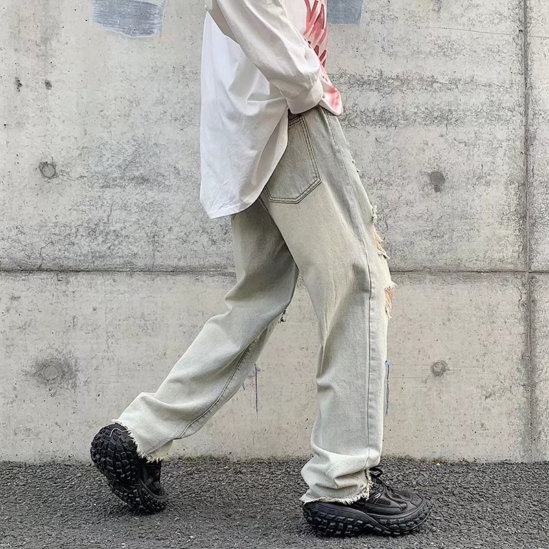 Quần Jeans Dài Rách Gối quần ống suông Thời Trang quần jean ống suông Dành quần baggy nữ quần jeans from rộng quần jean nam rách gối phong cách Hàn Quốc quần bò suông
