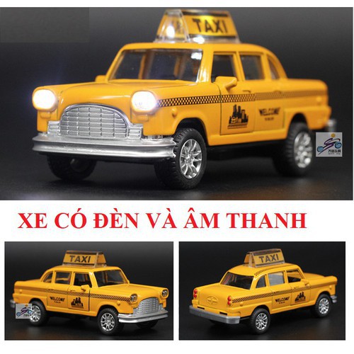 Ô tô taxi mini màu vàng xe bằng sắt chạy cót có âm thanh và đèn mở cửa - DC019DKP