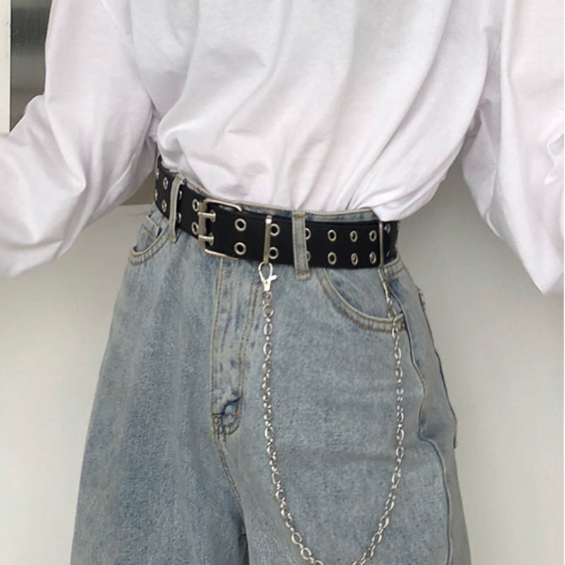 Thắt lưng hai hàng lỗ phối dây xích phong cách punk cá tính