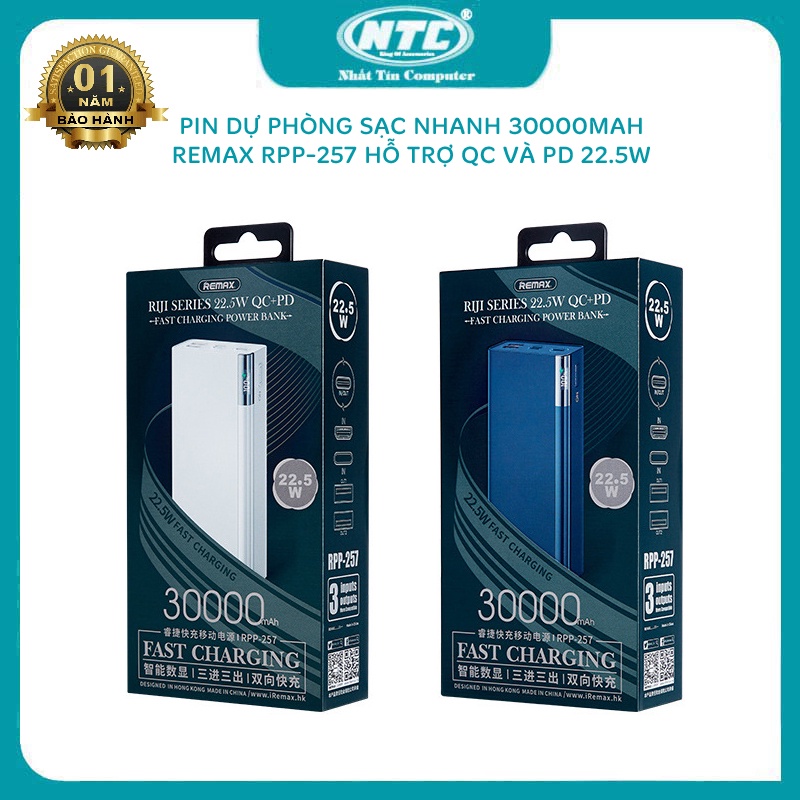 Pin dự phòng sạc nhanh Remax RPP-257 dung lượng 30000mAh thiết kế sang trọng - hỗ trợ QC 22.5W và PD 20W (2 màu)