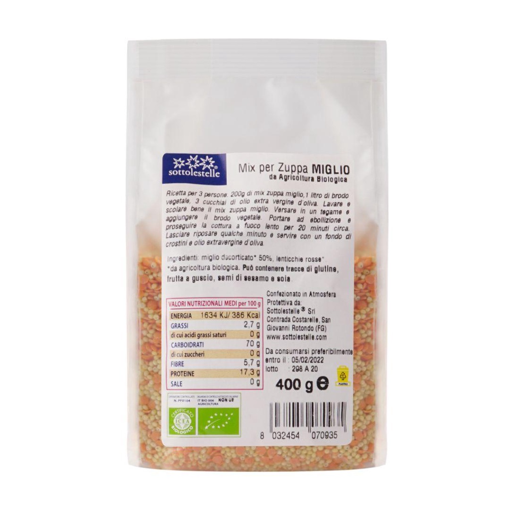 Hạt Dinh Dưỡng Hỗn Hợp 2 Loại Hạt Hữu Cơ 400g Sottolestelle Organic Mix Zuppa Miglio - Hạt Hữu Cơ Cho Bé - Organicley