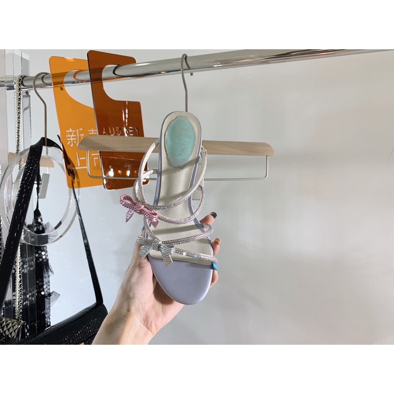 Dép cao gót 4 quai nhỏ đính đá thương hiệu Rene Caovilla da thật cao cấp