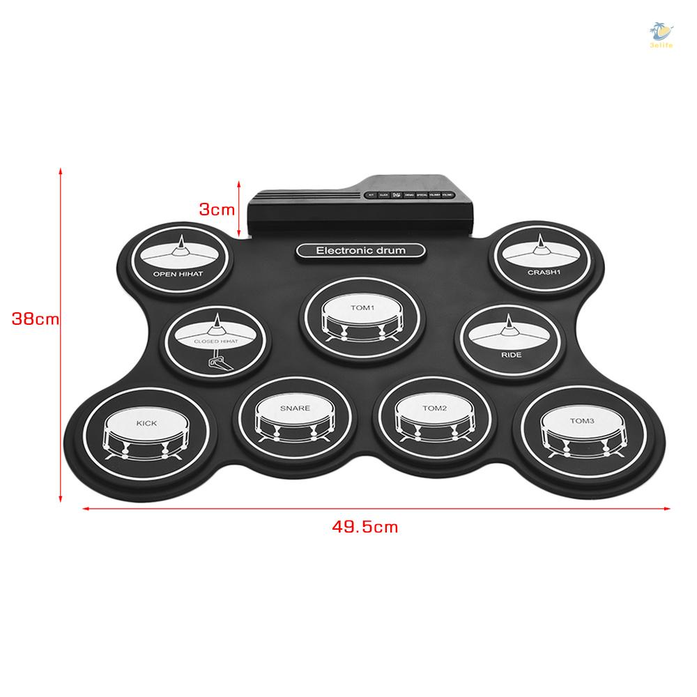 Bộ Trống Điện Tử 9 Phím USB Bằng Silicon Di Động Kèm Gậy Đánh Và Bàn Đạp Cho Người Mới Bắt Đầu