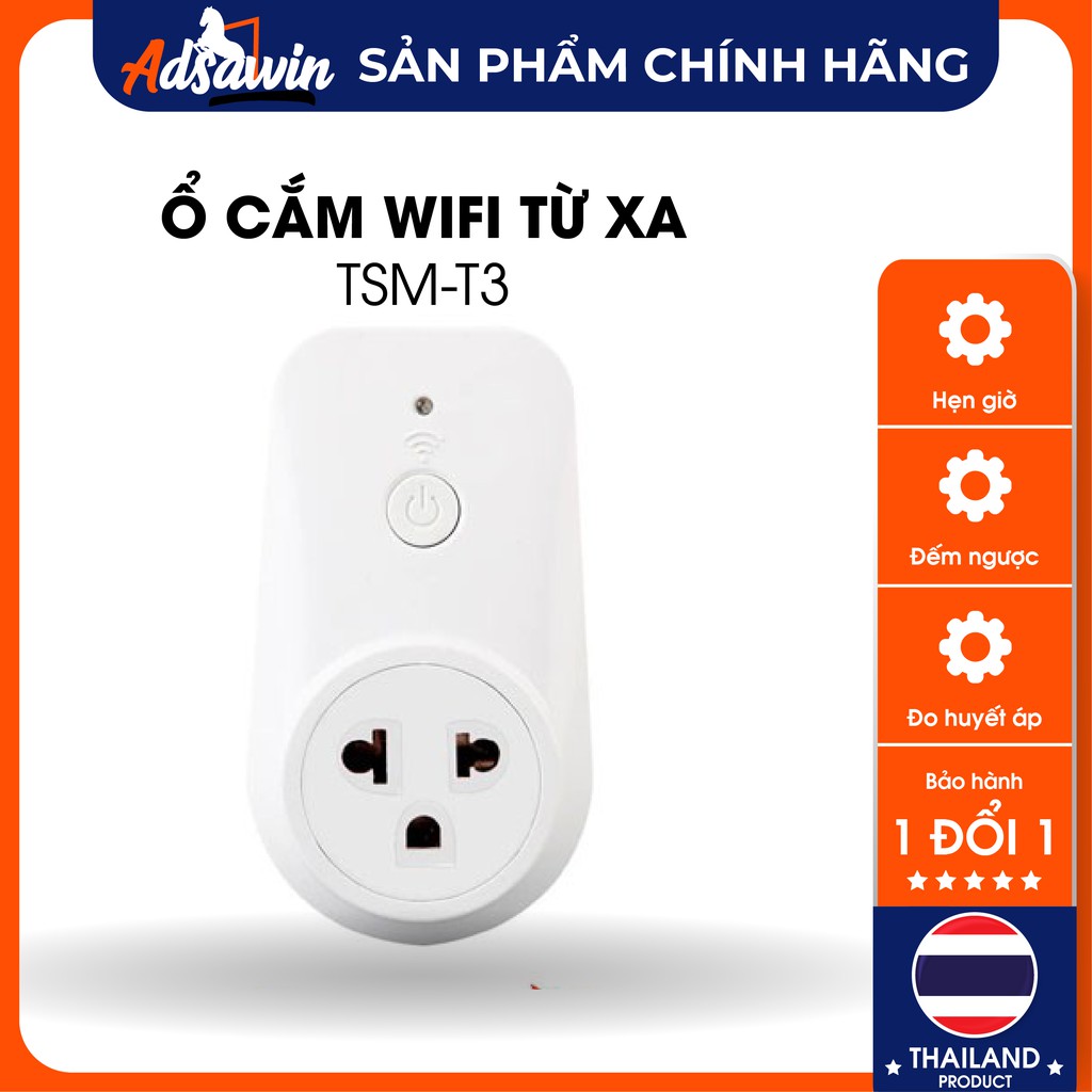 CHÍNH HÃNG- Ổ cắm (Phích cắm) Wifi điều khiển từ xa Adsawin TSM-T3.Smart Life,Hẹn giờ,Đếm ngược,Đo điện áp.