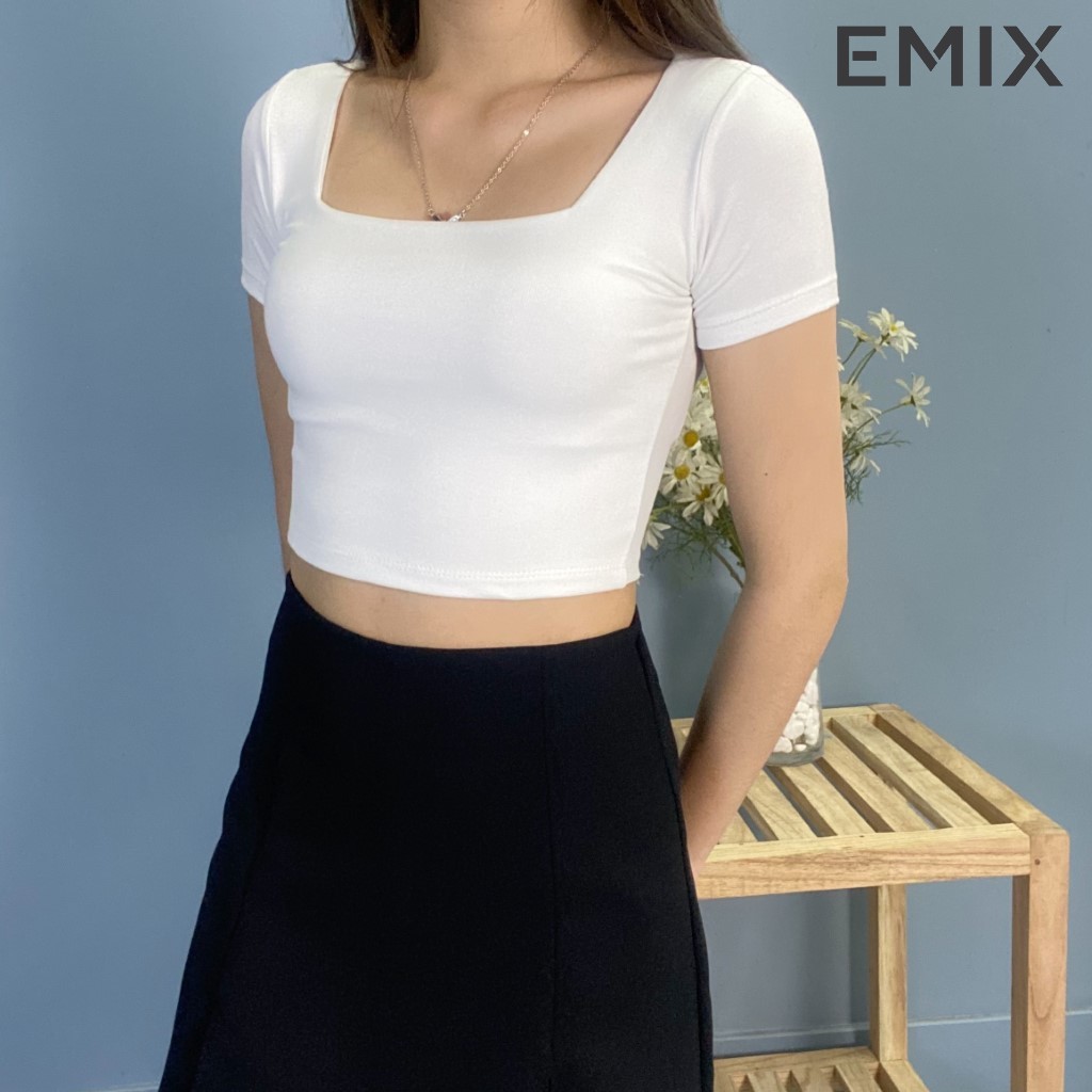 Áo thun nữ croptop cổ vuông EMIX (2 màu), cộc tay, dài 36cm, chất díp siêu co giãn, vải đẹp không lộ Crop205/P2.K6