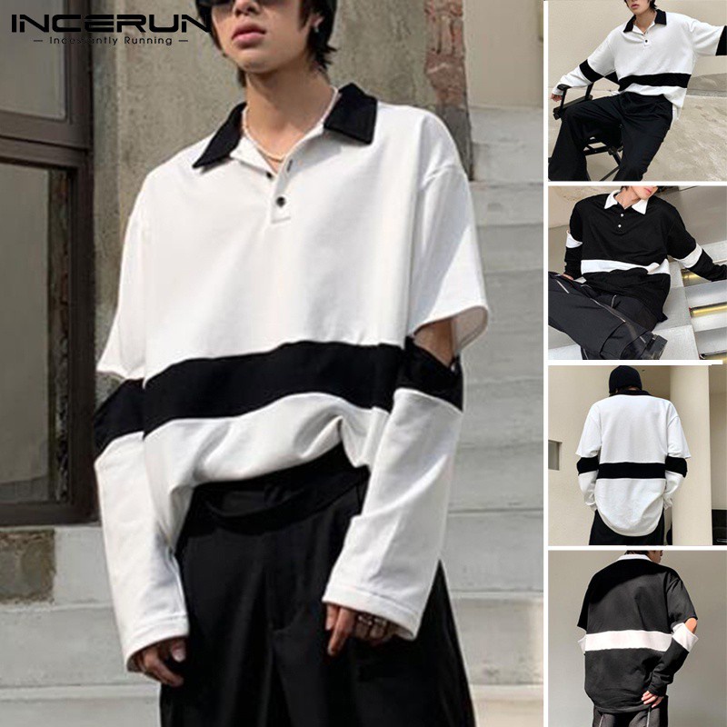 Áo INCERUN tay dài phối màu thiết kế cắt rỗng trẻ trung cho nam