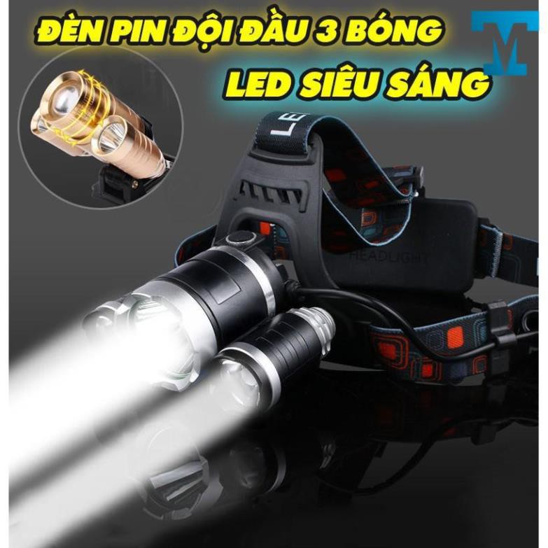 Đèn Pin Đội Đầu 3 Bóng Led T6- Siêu Sáng. Kèm Pin - Sạc