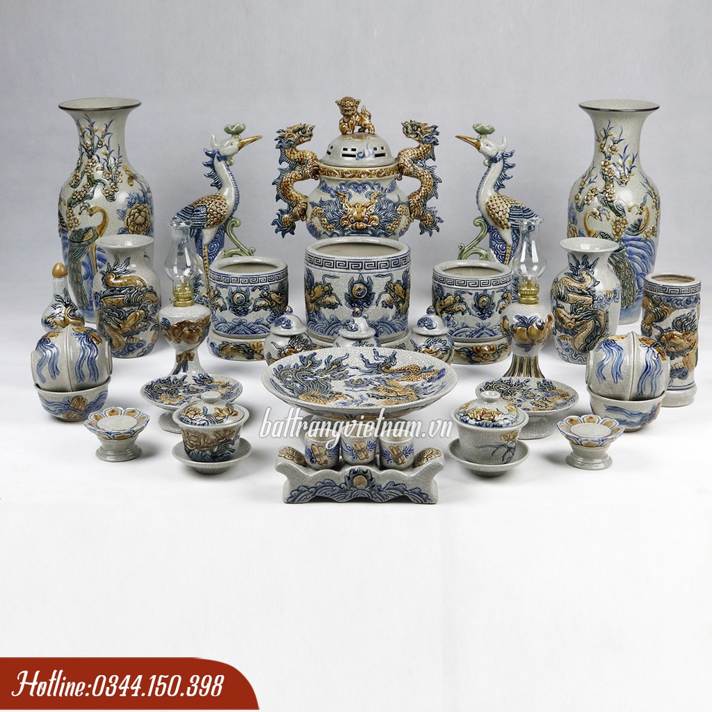 Bộ đồ thờ men rạn Bát Tràng cỡ nhỏ cho ban thờ 197x110cm