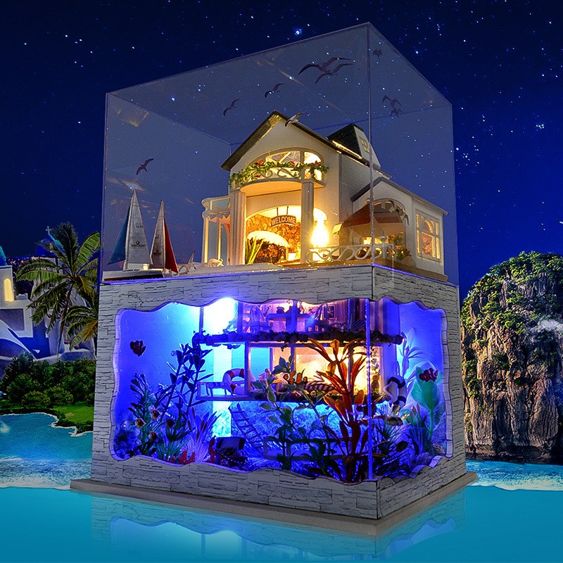 Nhà búp bê tự làm bằng gỗ Impressed Hawai (Tặng dụng cụ + khung bảo vệ)