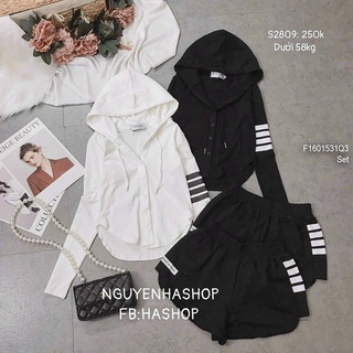Set bộ thể thao pha sọc áo có nón tay dài kèm quần đùi!
