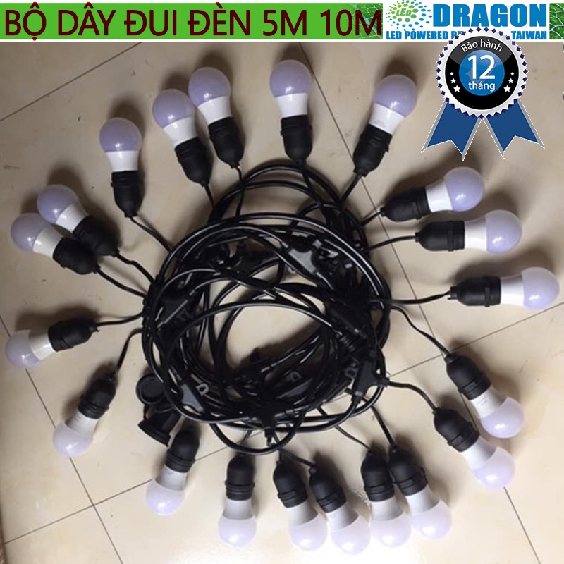Kèm bóng - Bộ đui đèn ngoài trời trang trí 5m hay 10m kèm 10 đui - 15 đui - 20 đui loại chống nước E27, bóng kín nước
