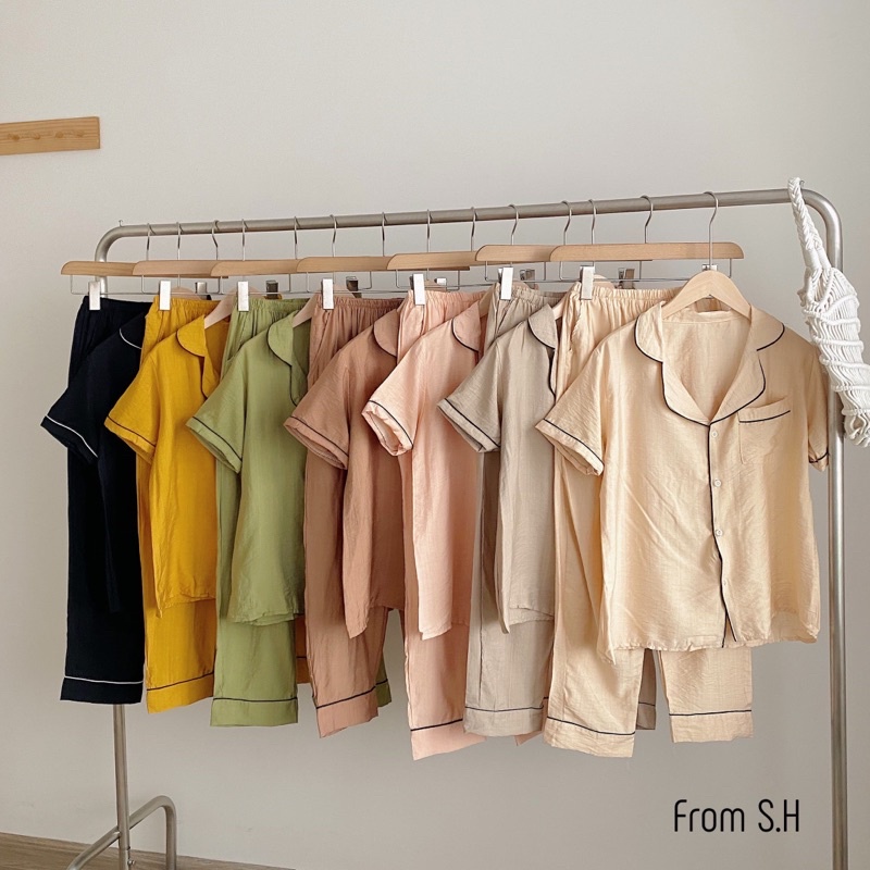 Sét bộ ngủ pyjama chất đũi xươc  trơn cổ vest