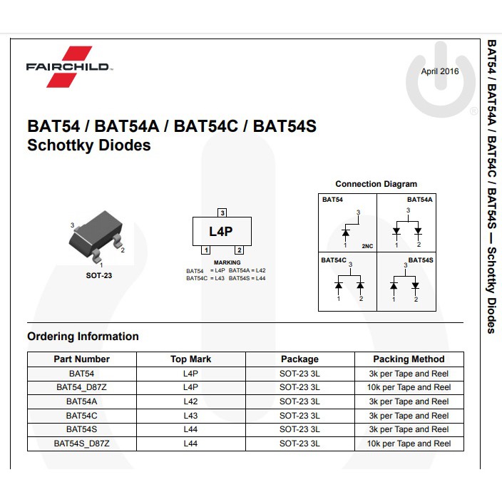 BAT54A diot 1 ra 2 mã KL2 (gói 20 con)